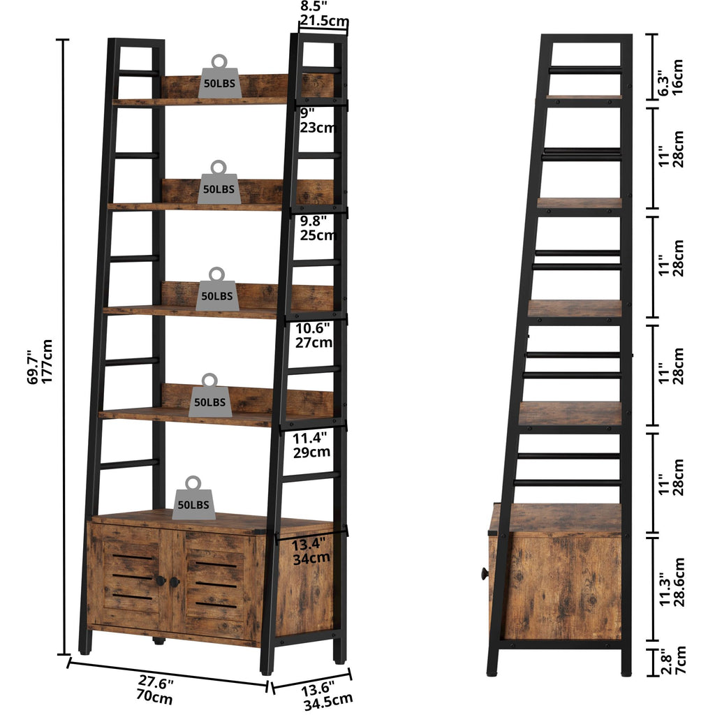 4 Tier Ladder Bookcase with Louvered Doors Rustic Brown