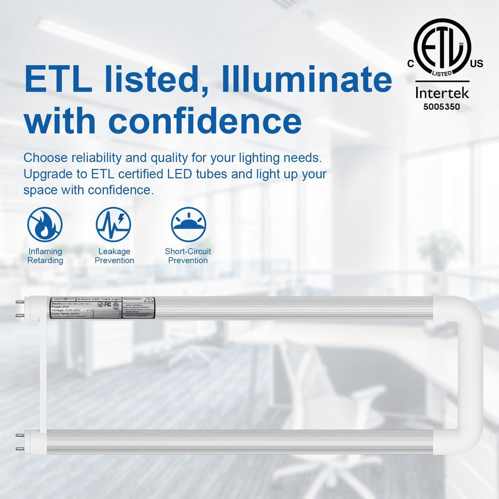 T8 U Bend Shape LED Tube Light 20W ETL Listed 2x2FT 4000k 10 Pack