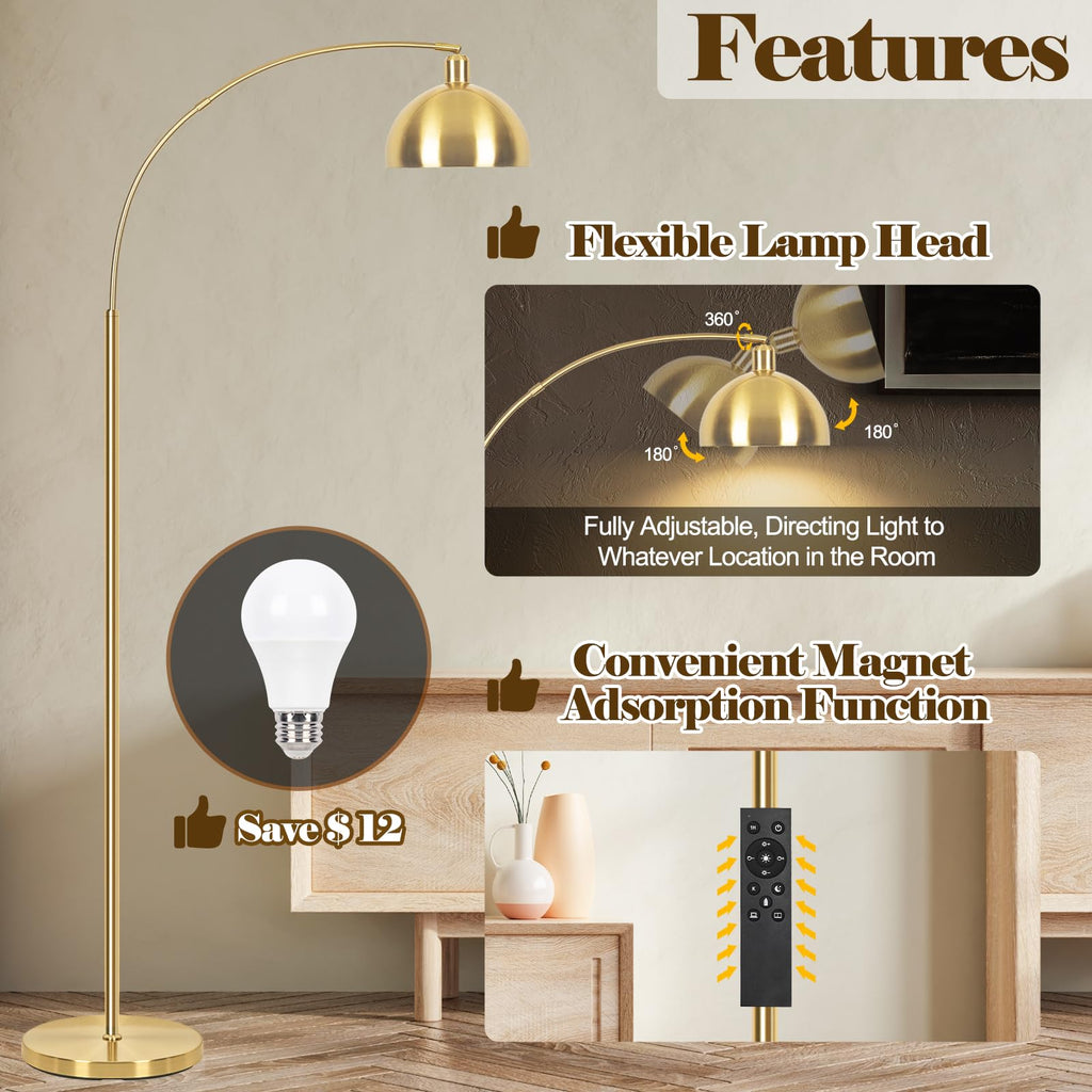 Upgraded Arc Floor Lamps, Gold, Dimmable