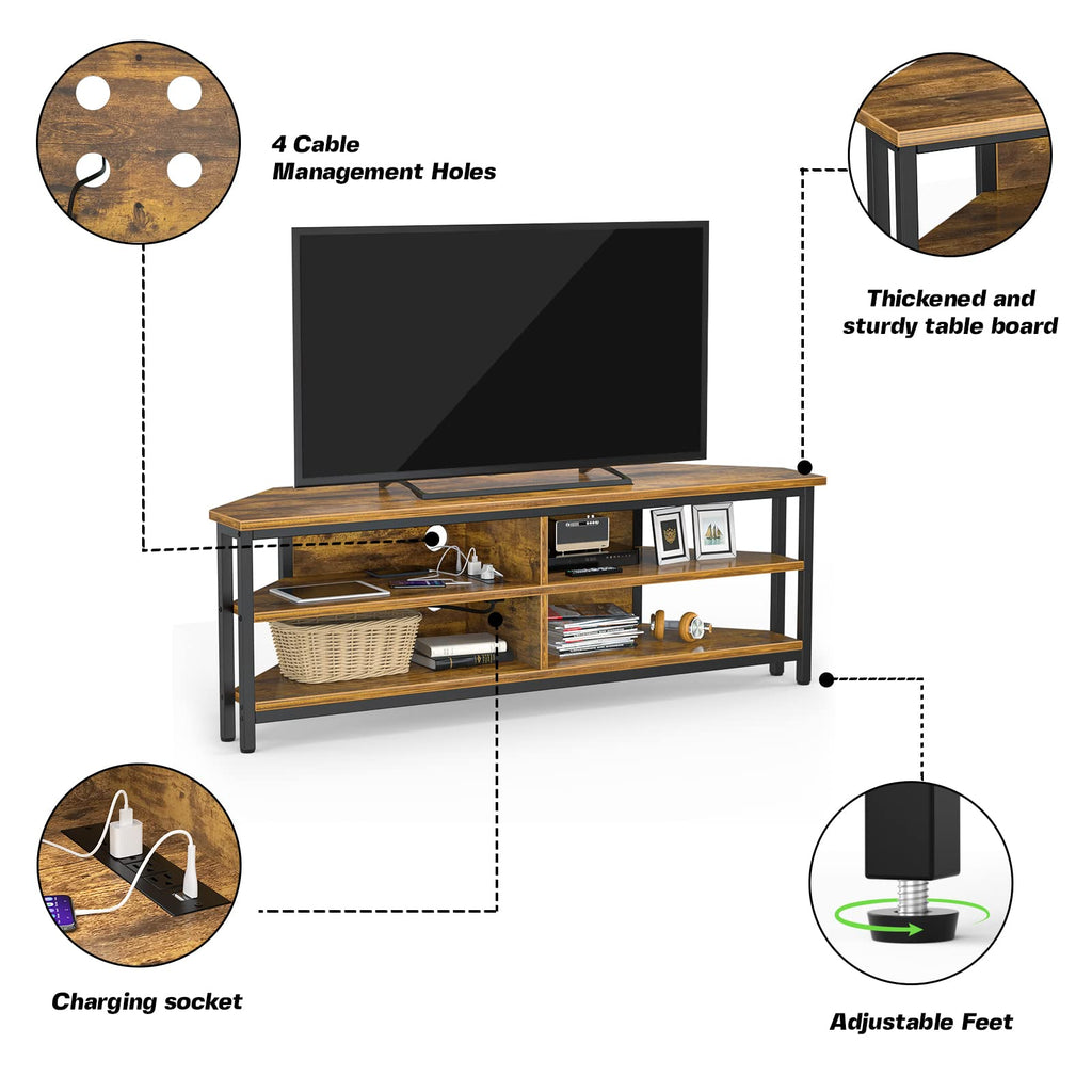 55'' Corner TV Stand with Power Outlet, Corner Entertainment Center TV Console Table with 4 Open Storage Shelves