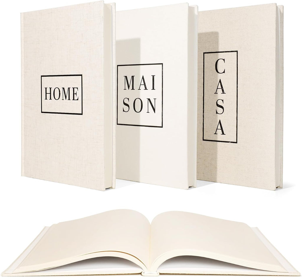Linen Neutral Coffee Table Books Set of 3,Fashion Designer Hardcover Blank Book Stack, Modern Decorative Books Decor