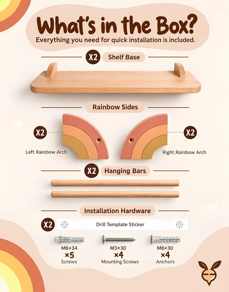 Nursery Floating Wall Shelves Set of 2, Beechwood Hanging Bar