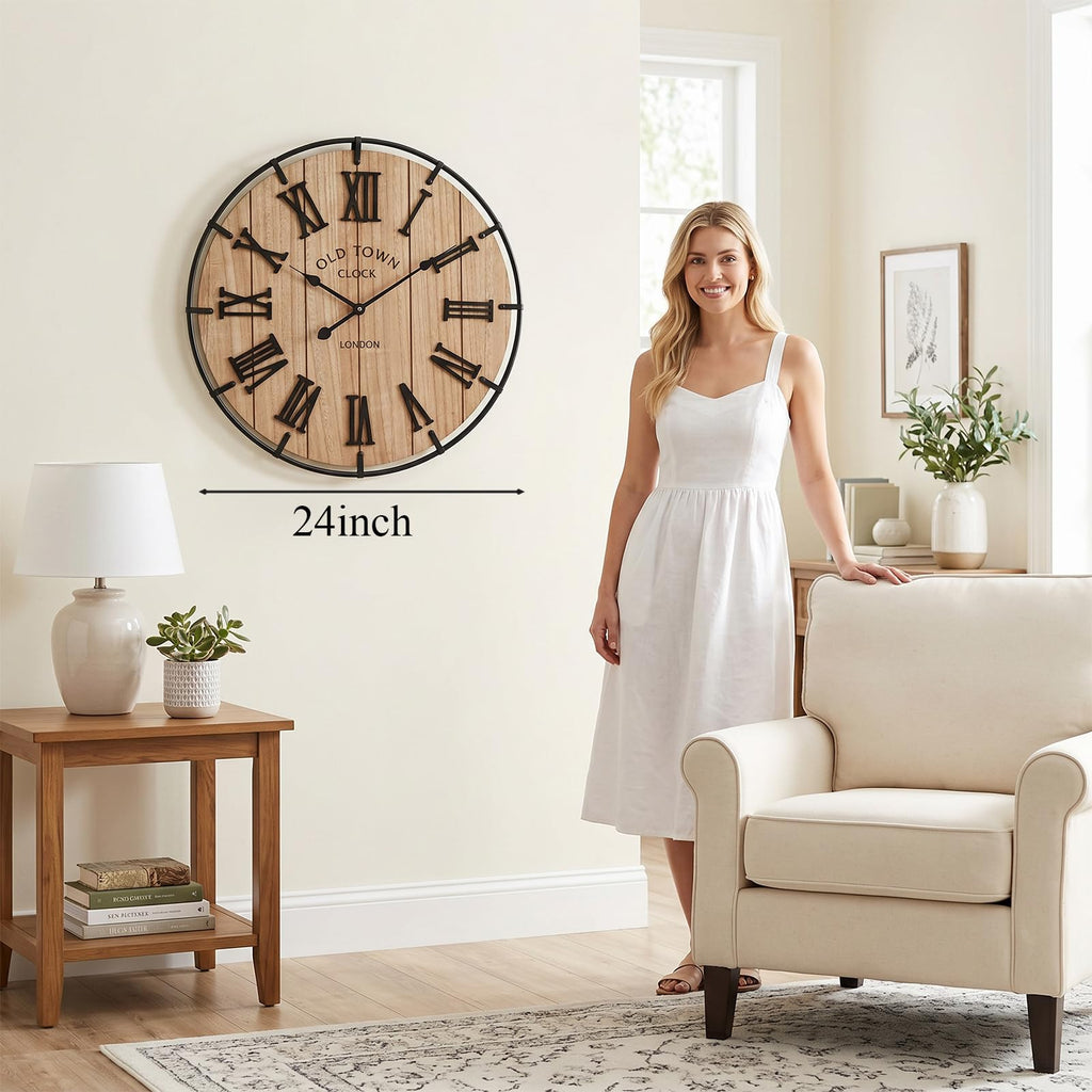 24 Inch Large Farmhouse Wall Clock, Natural Wood Grain Face with Black Metal Frame, Silent Non-Ticking Quartz
