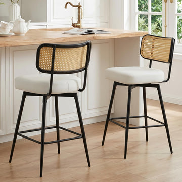 Rattan Bar Stools Set of 2, Swivel Counter Height, White