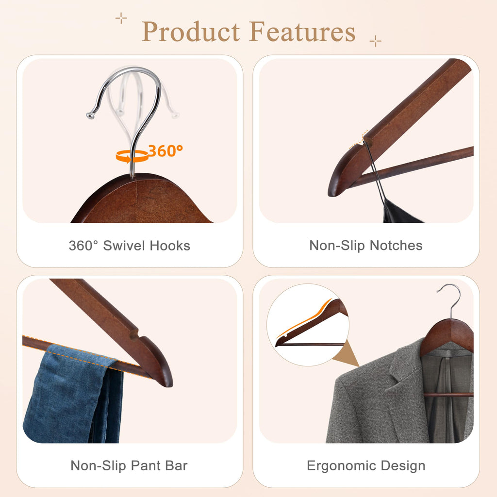 Wooden Hangers 50 Pack, Solid Wood Hanger with Non Slip Pant Bar