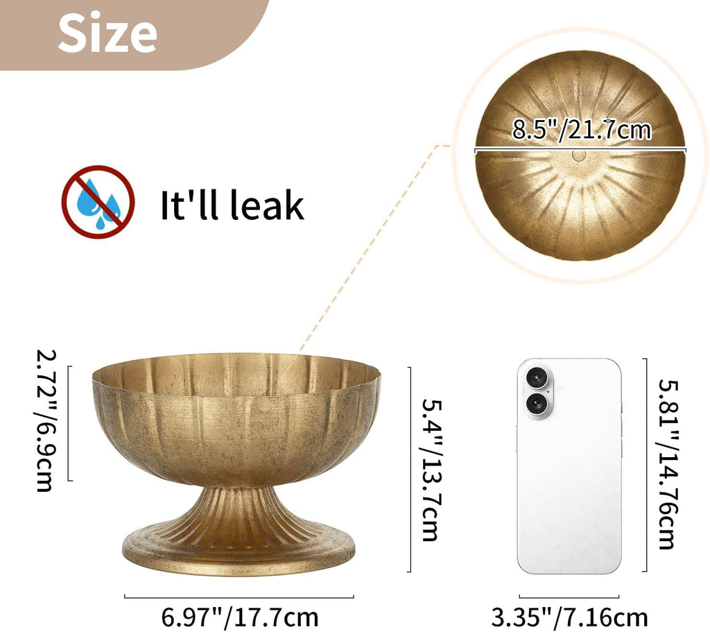 Gold Compote Vase for Centerpiece, 8.5" Wide Opening, 10 Pcs | Distressed Brass Urn, Short Pedestal Footed Bowl, for