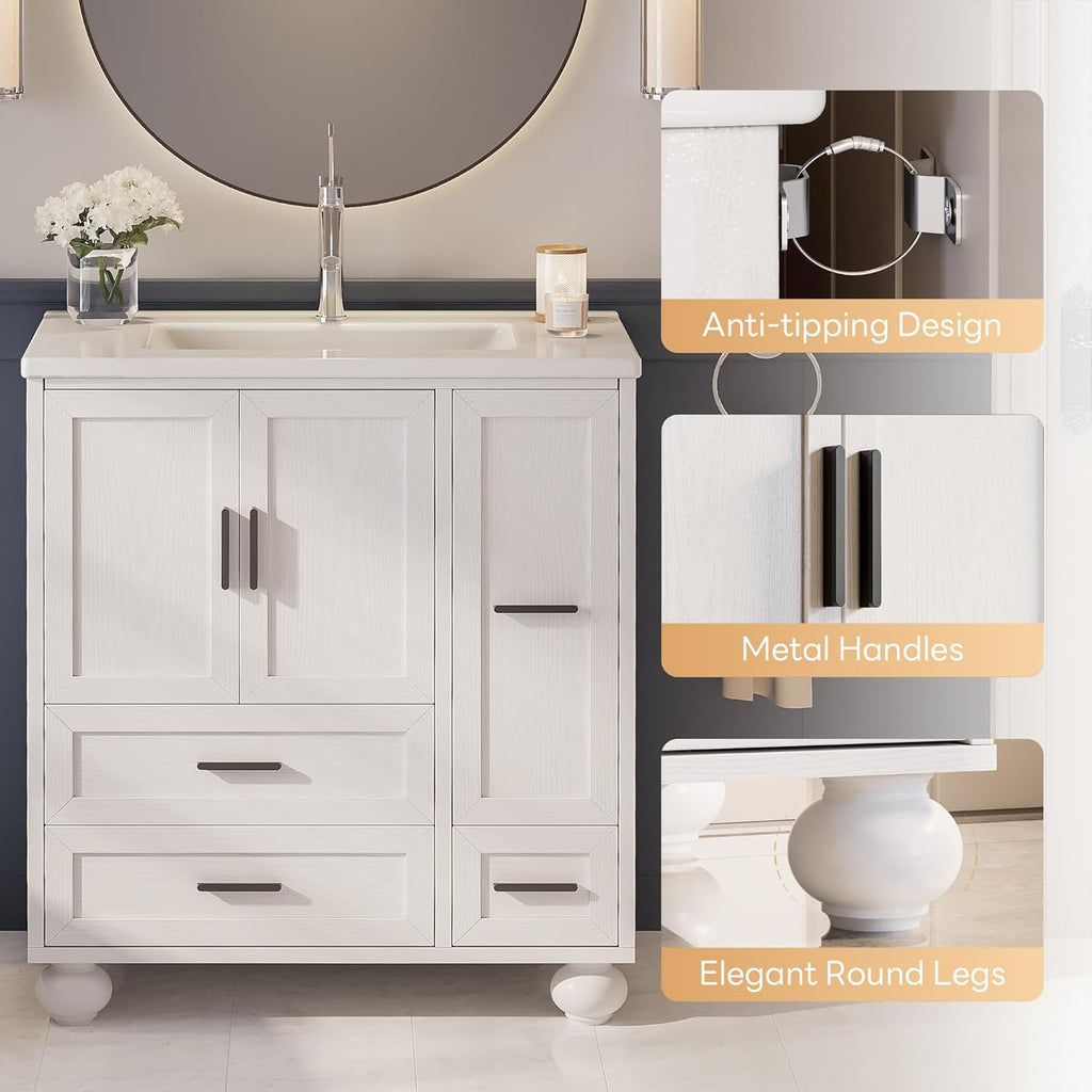 29.5" Bathroom Vanity with Sink & Hair Tool Drawer - Freestanding Cabinet with 4 Drawers & 2 Doors