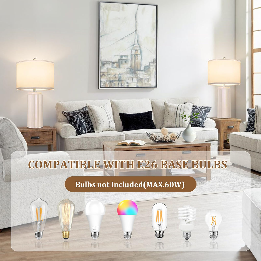 23.5'' Beige Modern Ceramic Table Lamps Set of 2, Farmhouse Bedside Lamps with Upgraded White Linen Shade, Rustic