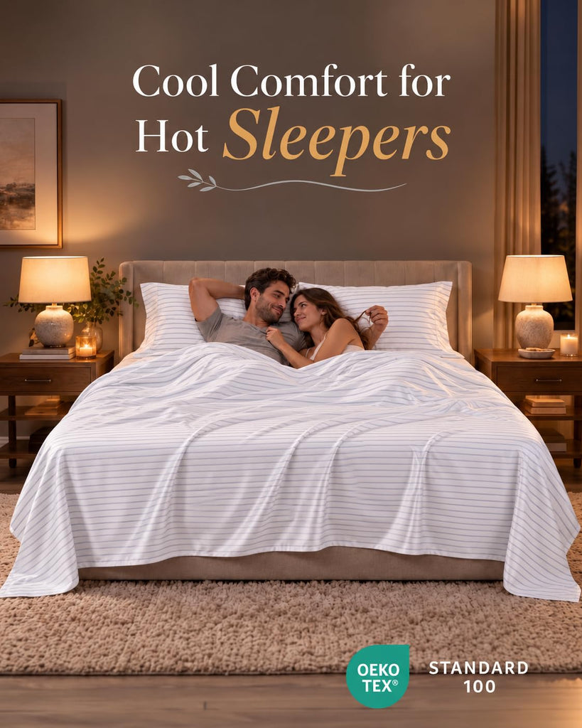 100% Cotton Sateen Queen Sheets Set, Ticking Stripe, for Hot Sleepers
