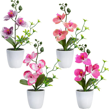 Artificial Orchid Flowers Mini Potted Orchid Flowers Fake Orchids with Plastic Vase Wedding Table Centerpiece - Set of 4