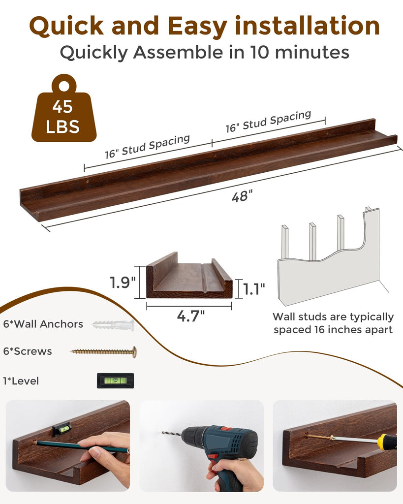 Oak Picture Ledge Shelf, 48 Inch Floating Shelves Set of 2, Solid Oak Wood Wall Shelves with Lip, Wall Decor Storage