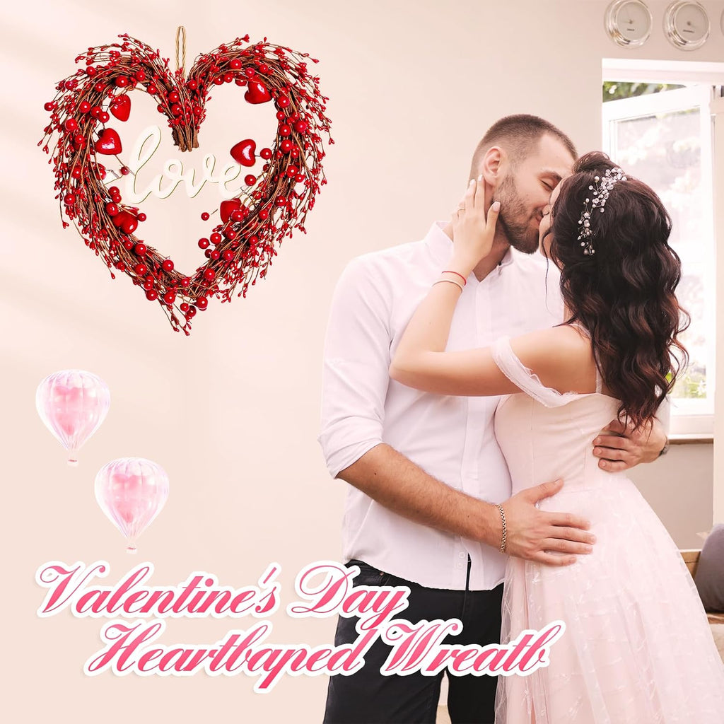 Valentines Day Wreaths for Front Door,14 Inches Artificial Red Berries Valentine Heart Shaped Wreath Decor with Love