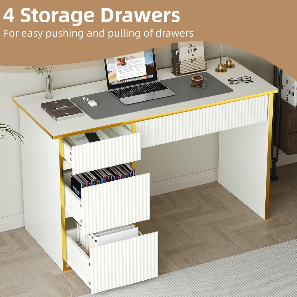 47-Inch Fluted Computer Desk with 4 Drawers, White and Gold