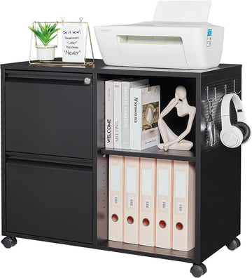 Mobile File Cabinet, Metal Lateral Rolling Printer Stand Filing Cabinets with Shelves -Storage A4/F4 (Black)