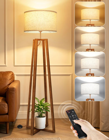 62" Mid Century Modern Vintage Lamps with Remote Control, Dimmable Wood Floor Lamp, 4 Color Temperature, LED Modern