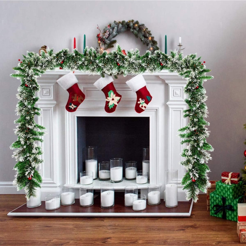 9FT Pre-lit Christmas Garland, Artificial Christmas Pine Rattan w/Timer, 50 LED Lights and Red Berries, Ideal for