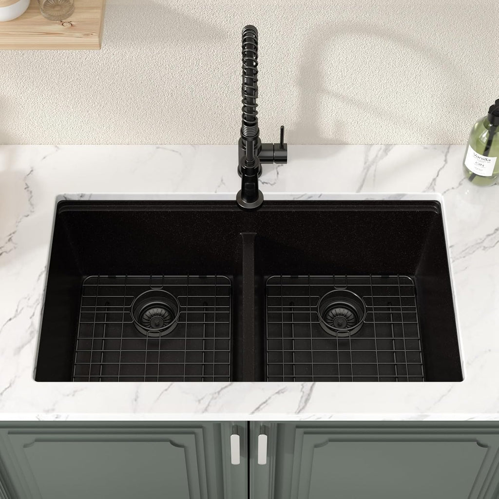 32 Inch Undermount Black Granite Double Bowl Sink Workstation 50/50 | Composite Granite Quartz Kitchen Sinks