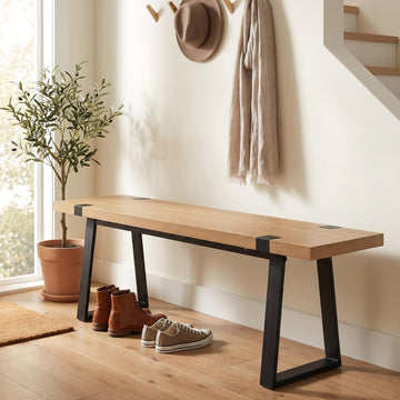 60" Entryway Bench Wood Dining Bench Bedroom Bench Modern Minimalist Long Slatted Bench Hallway, Sturdy Solid Wood