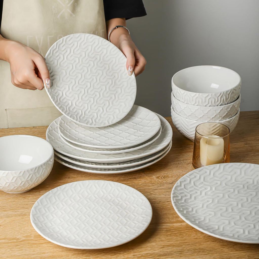 Ceramic Dinnerware Sets for 6, 18 Pieces Stoneware Plates and Bowls Sets, Embossed Scratch Resistant Dinner Set