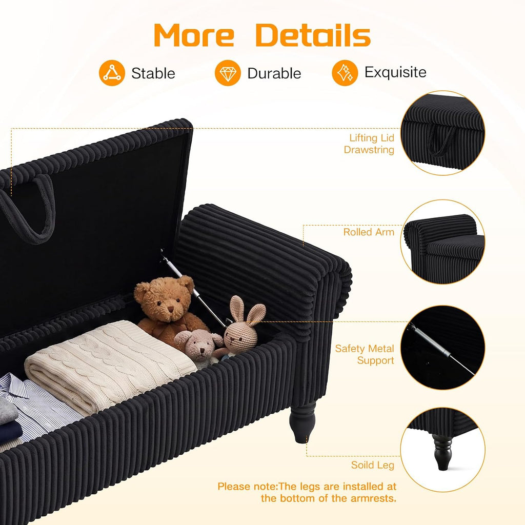 55" Storage Ottoman Bench, Corduroy End of Bed Bench , Black | Upholstered Entryway Bench with Seating, Solid Wood