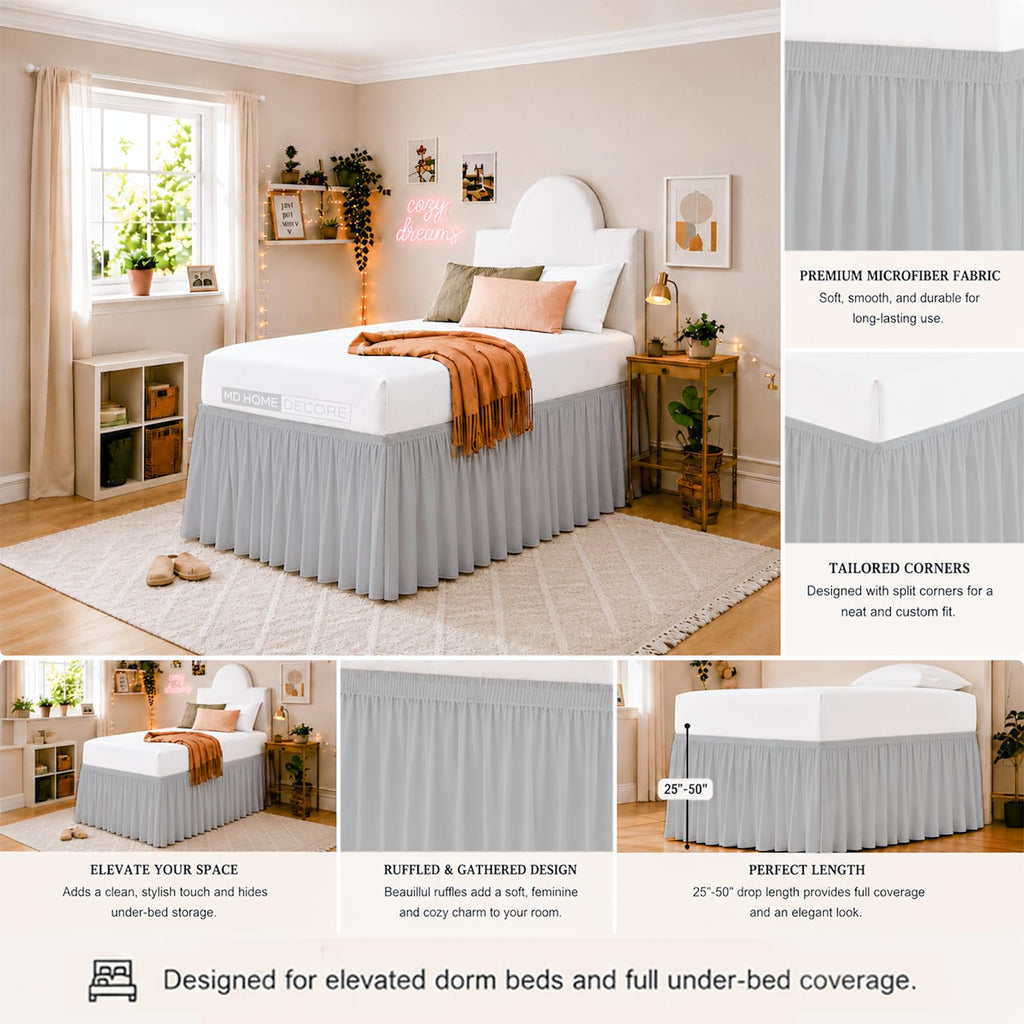 Ruffled Twin XL Dorm Bed Skirt, 100% Microfiber, Light Grey, Extra Long 42-Inch Drop, Tailored for College Dorm Beds