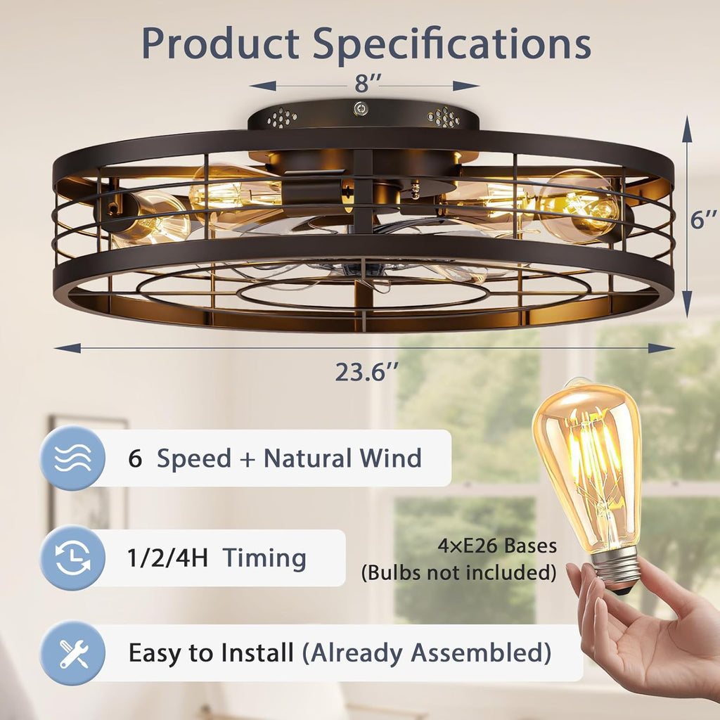 Caged Ceiling Fan with Light and Remote,23.6 inch Fandelier Ceiling Fan with Light Flush Mount