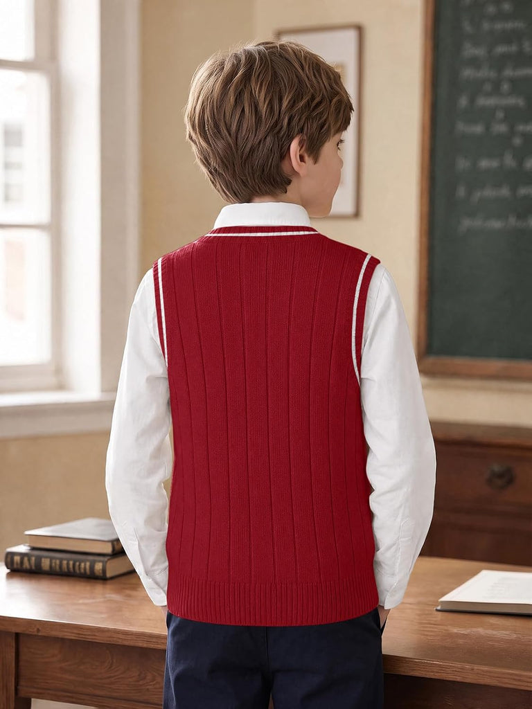 Boys Sweater Vest Cable Knit V Neck School Uniform Rib Tops