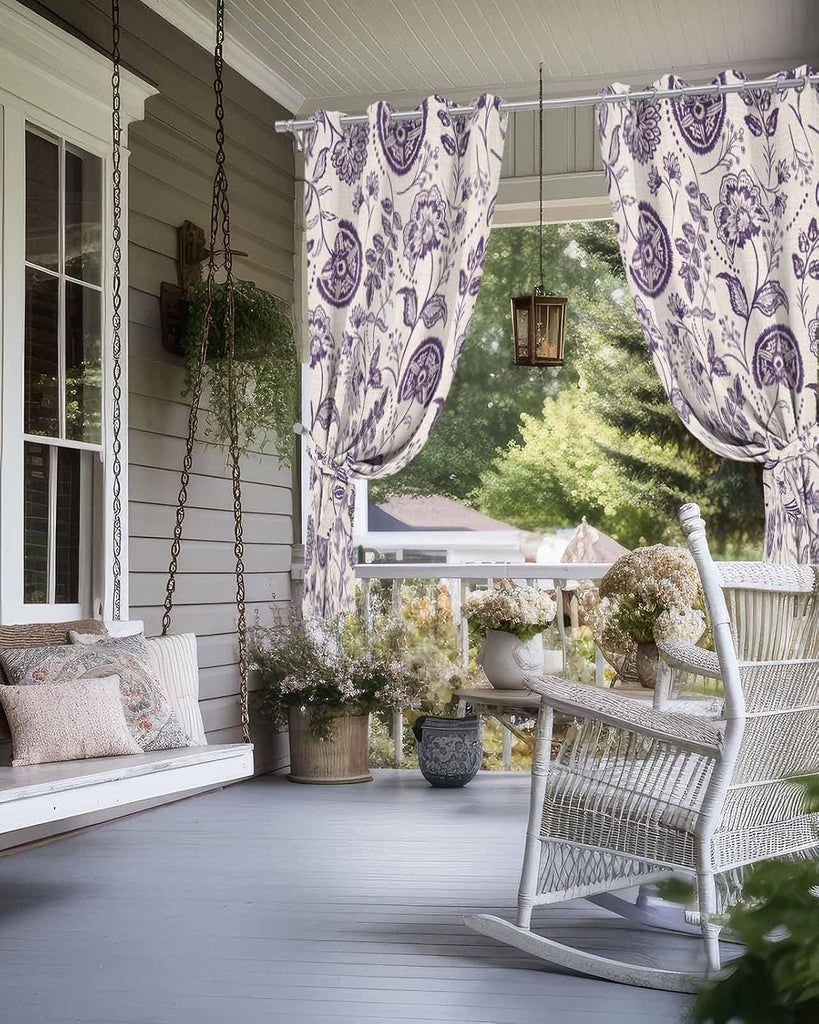 Outdoor Curtains Waterproof, Farmhouse Dark Purple Floral Linen Boho Paisley Flower Rustic Grommet Weatherproof