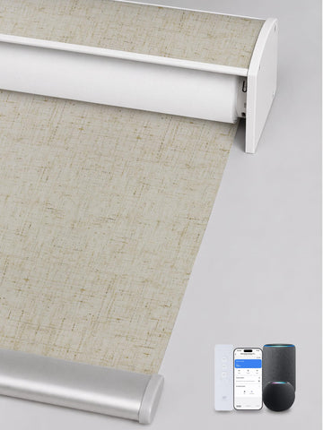 Motorized Smart Roller Shades, 100% Blackout Linen Stone
