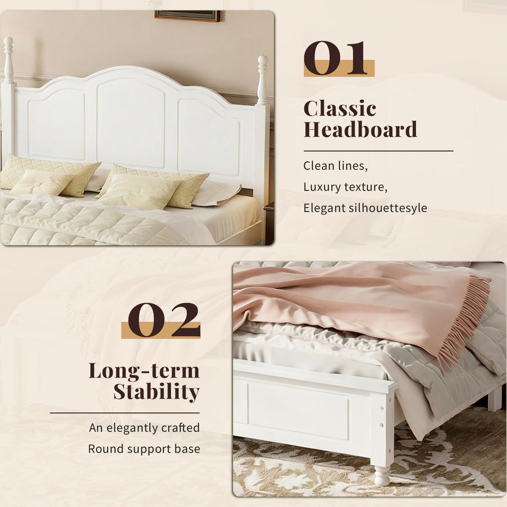 White Wood Bed Frame Full Size with Wave Shaped Gothic Headboard