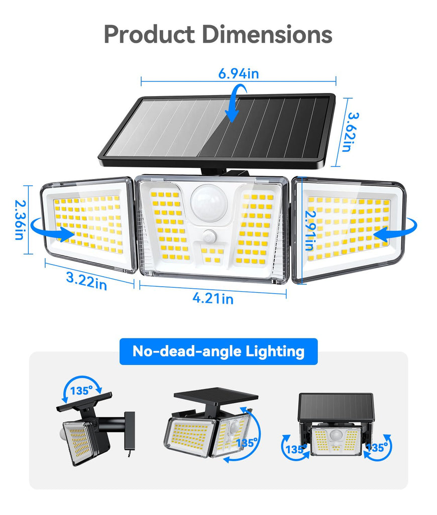 4 Pack Solar Flood Lights, 210 LED Motion Sensor Outdoor Lights, Solar Motion Lights Outdoor Waterproof, 3 Heads 300°