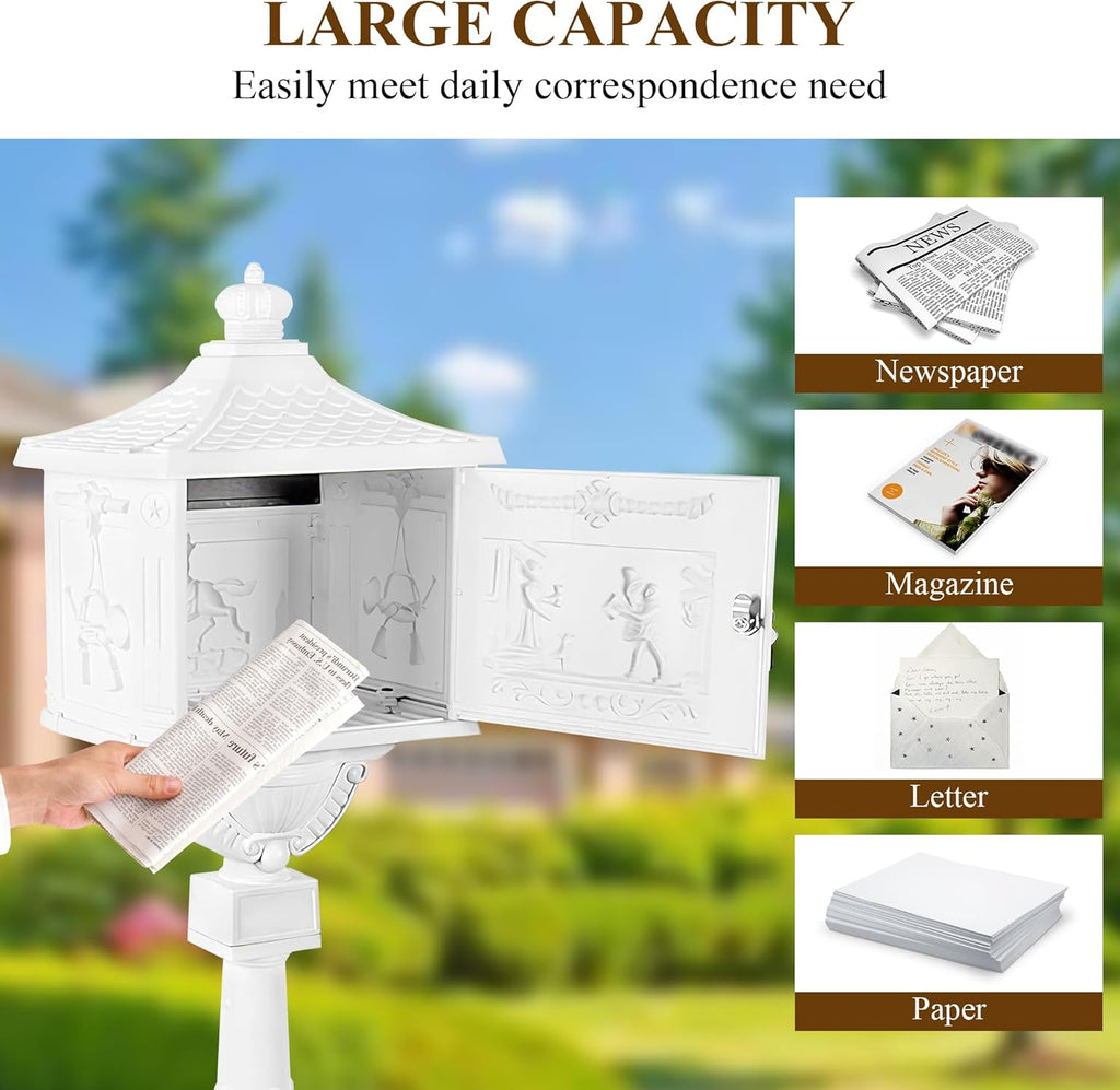 Mailbox, Heavy Duty Cast Aluminum Postal Box, Mail Box with 2 Keys for Courtyard Villa Decoration - White
