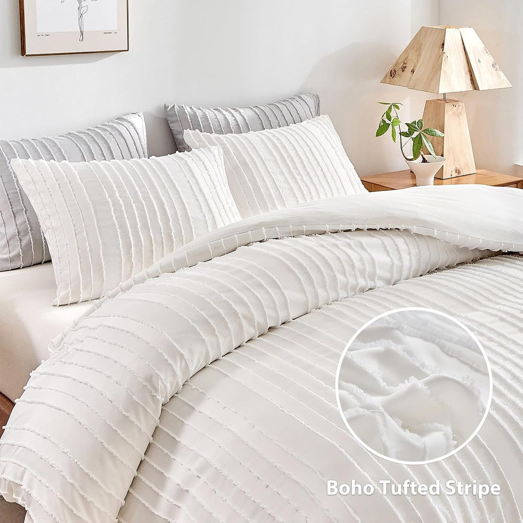 White Boho Duvet Cover Set Queen, Striped Textured Tufted Bedding Set, 3 Pcs Ultra Soft Washed Microfiber with Zipper
