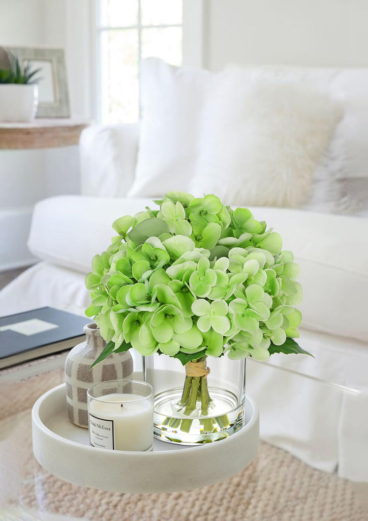 Real Touch Green Hydrangea Artificial in Vase Small Faux Hydrangea Arrangements Silk Hydrangeas Fake Flower with