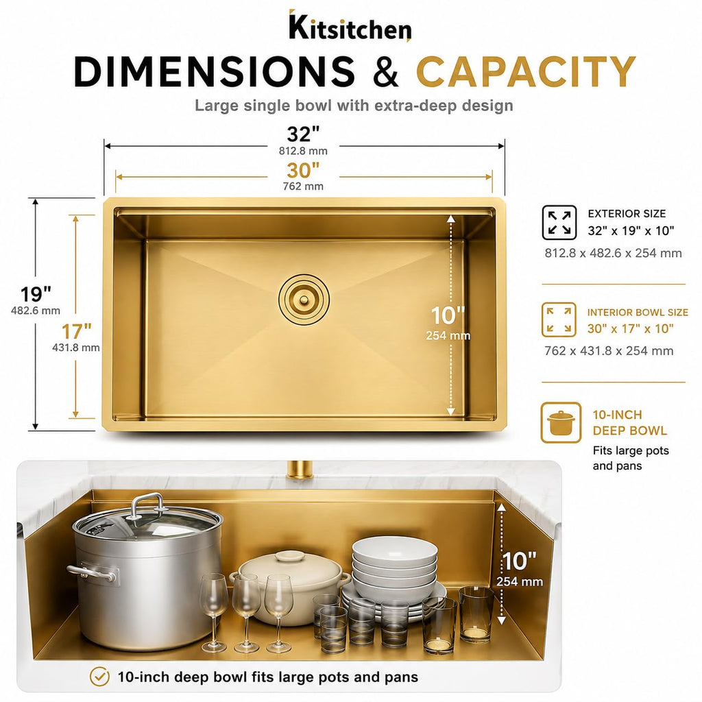 Gold Undermount Kitchen Sink, 32" x 19" x 10", 16 Gauge T304 Stainless Steel Workstation Sink, Deep Single Bowl