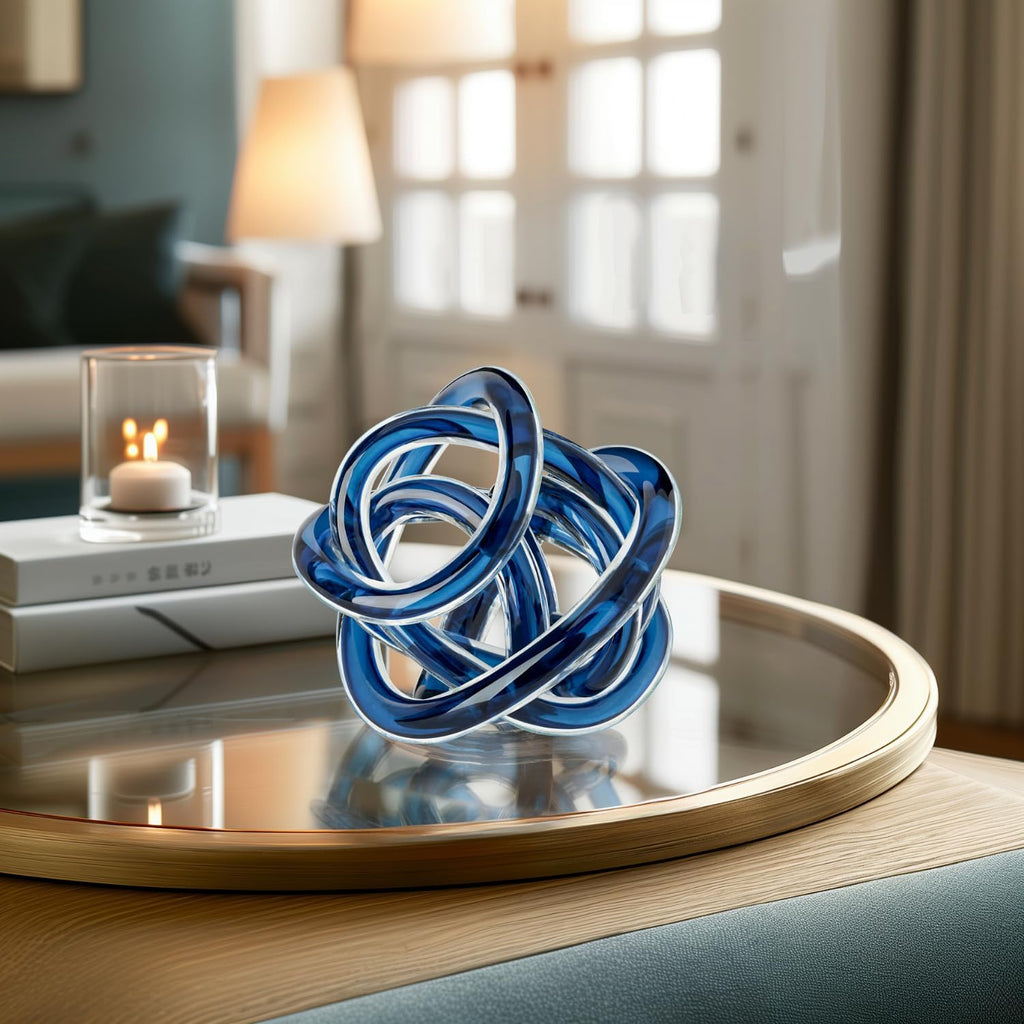 Orbit Hand Blown Glass Infinity Knot Sculpture - 4.5 Inch Glass Art Blue Knot Decor Ball Decor, Small Centerpiece