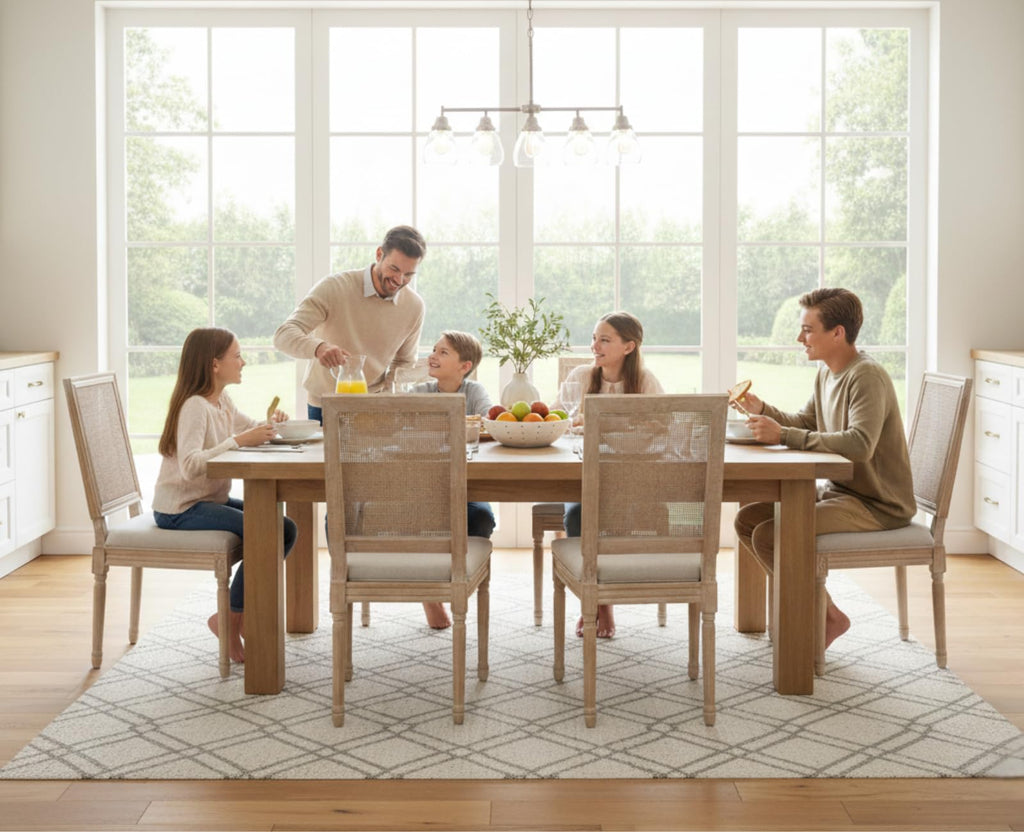 Farmhouse Dining Chairs Set of 6, French Rattan Dining Room Chairs with Distressed Wood Upholstered Vintage Side