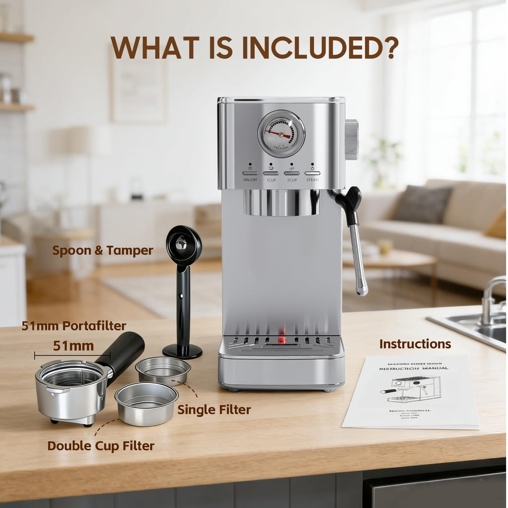 Espresso Machine 20 Bar with Milk Frorther, Stainless Steel,Silver