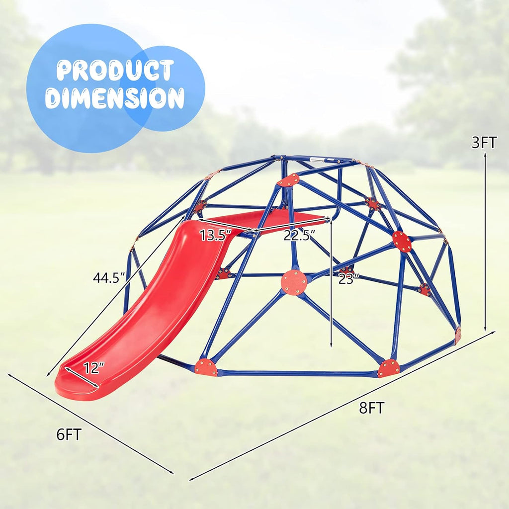 Climbing Dome with Slide, Kids Outdoor Jungle Gym Geometric Dome Climber, Steel Frame, 8FT Climb Structure Backyard