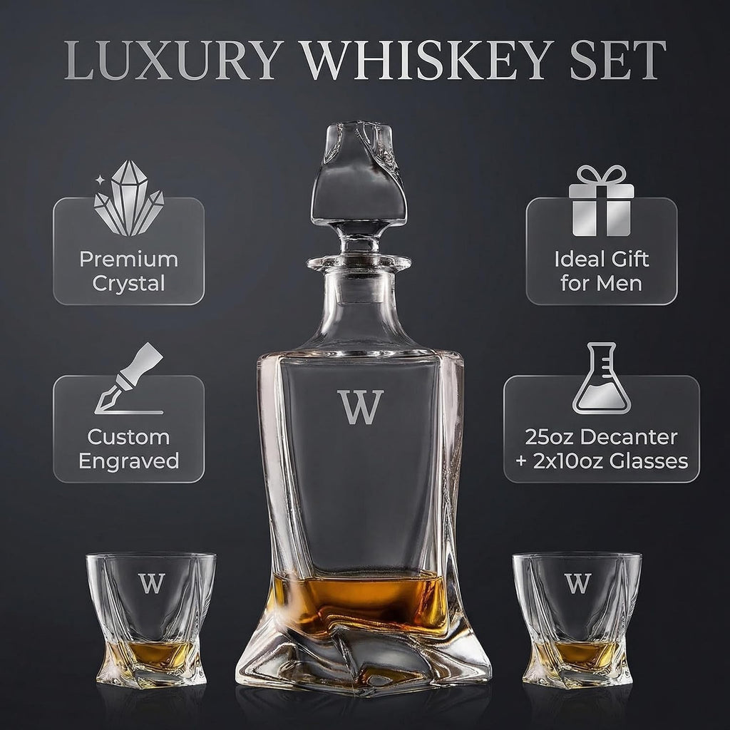 Swirl Crystal Whiskey Decanter Set 25oz with 2 Rock Glasses - Set of 3