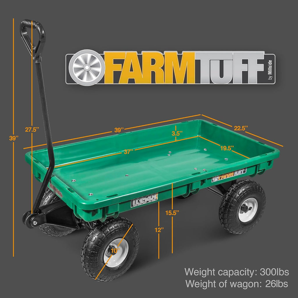 Durable Plastic Deck Green Garden Wagon, 38" x 20" - Heavy-Duty Poly Utility Cart with Pneumatic Tires, 300lb