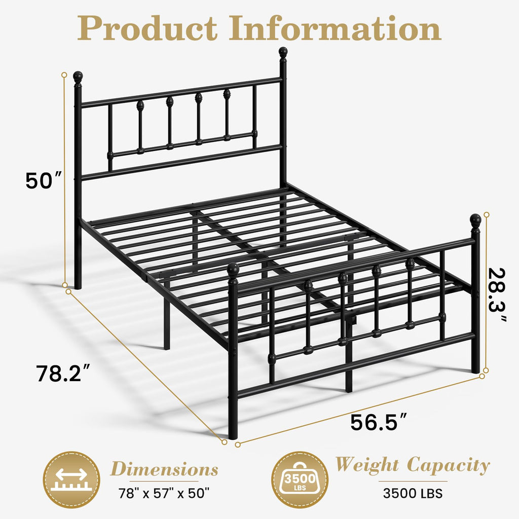 14 Inch Victorian Vintage Metal Platform Bed Frame with Headboard and Footboard, Underbed Storage, No Box