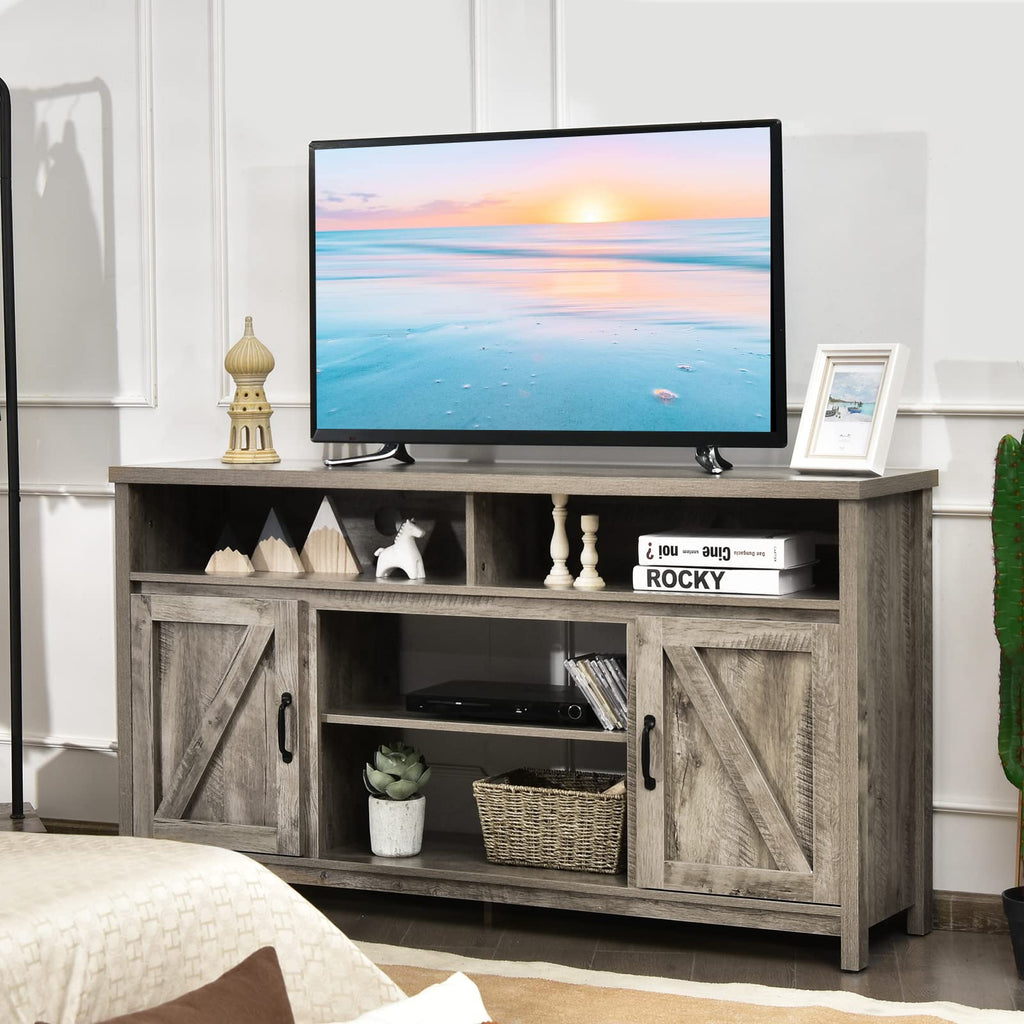 Modern Farmhouse TV Stand with Double Barn Doors, 59 inch TV Storage Cabinet for TVs Up to 65 Inches, Adjustable