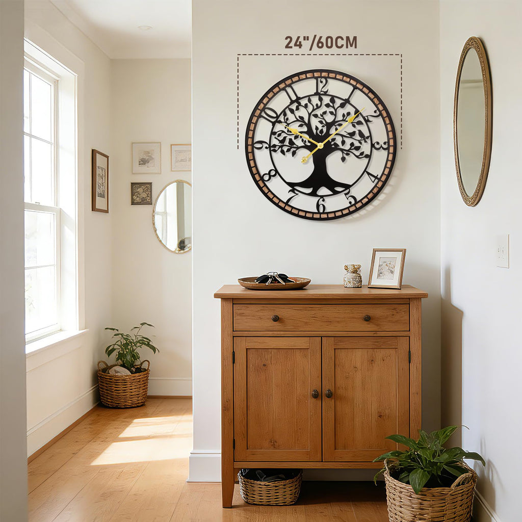 24" Farmhouse Bird Branch Wall Clock with Metal Tree Design