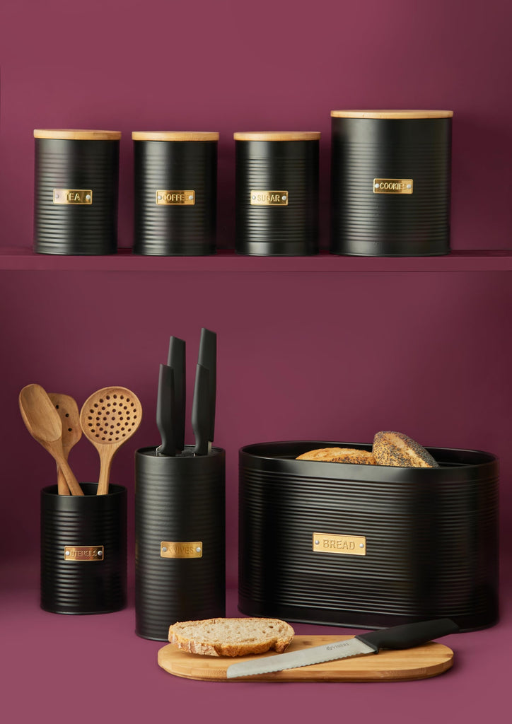 Living Otto Airtight Tea Storage Canister with Bamboo Lid, 1.4 Litre, Matte Black/Gold