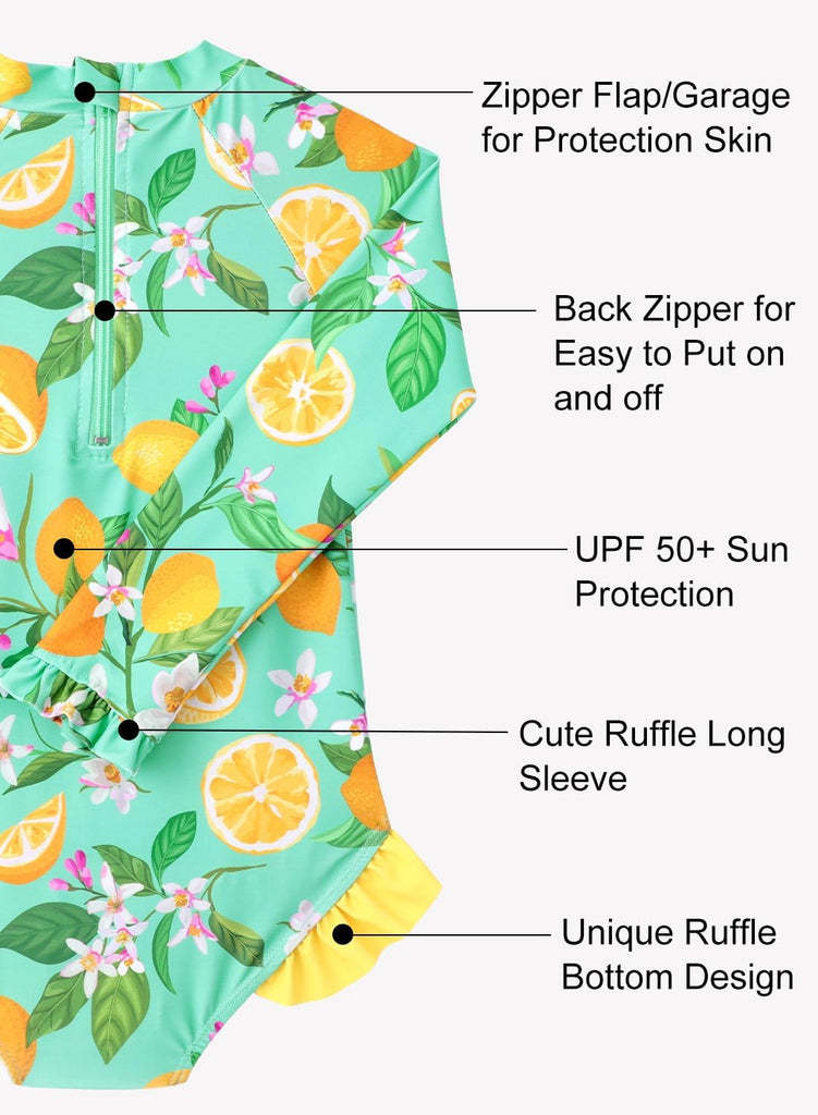 Baby Toddler Girl Long Sleeve Ruffle Swimsuit One Piece Zipper Rash Guard Bathing Suit with UPF 50+ Sun Protection