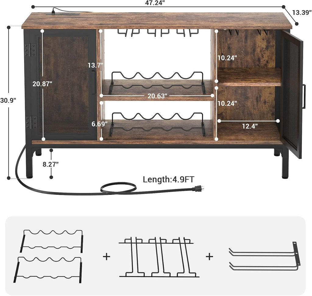 Wine Bar Cabinet with Power Outlets & LED Lights, Rustic Brown | Industrial Coffee Bar Cabinet with Wine Rack Bar