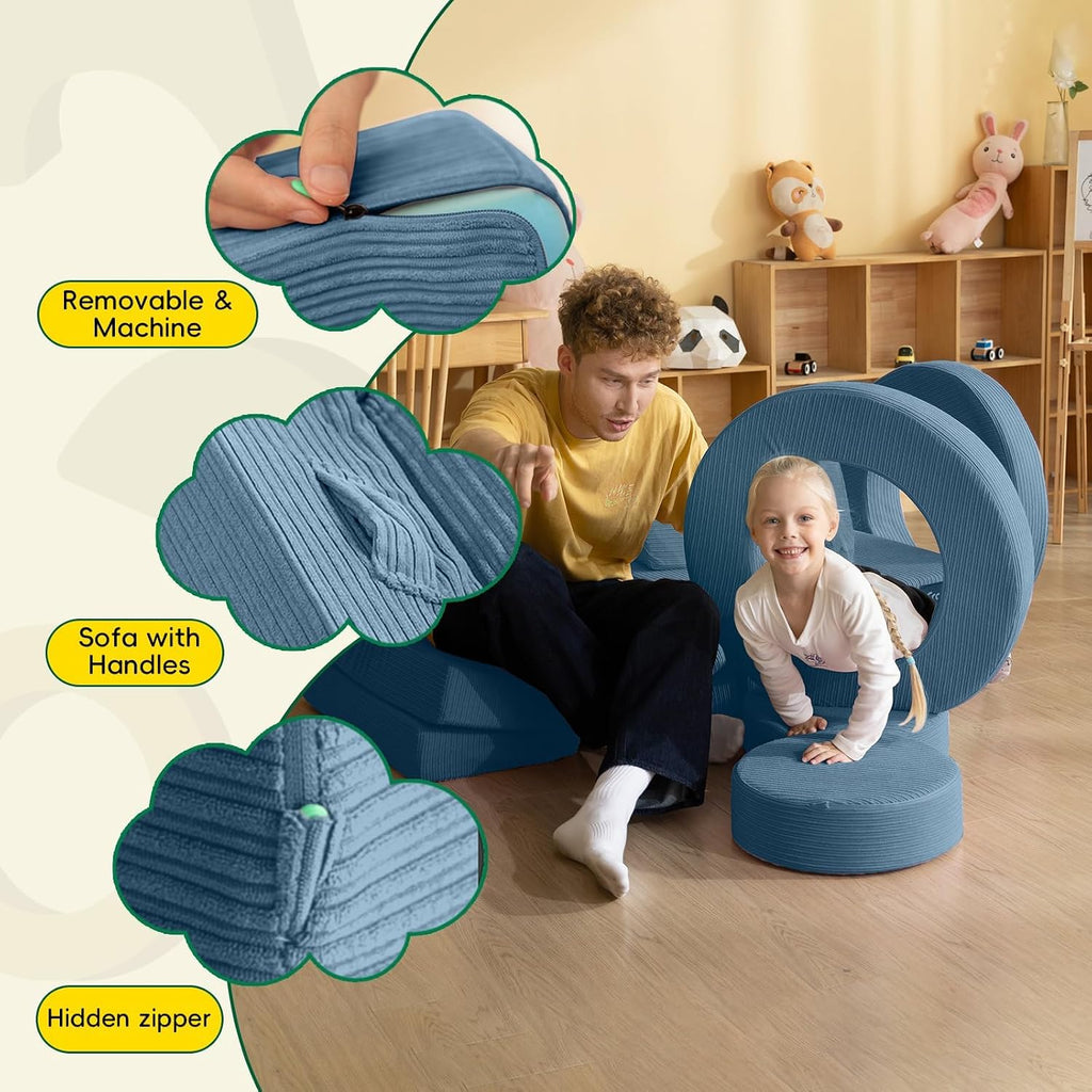 16Pcs Modular Kids Play Couch for Toddlers, Fold Out Kids Couch Building Fort for Playroom Bedroom, Kid Convertible