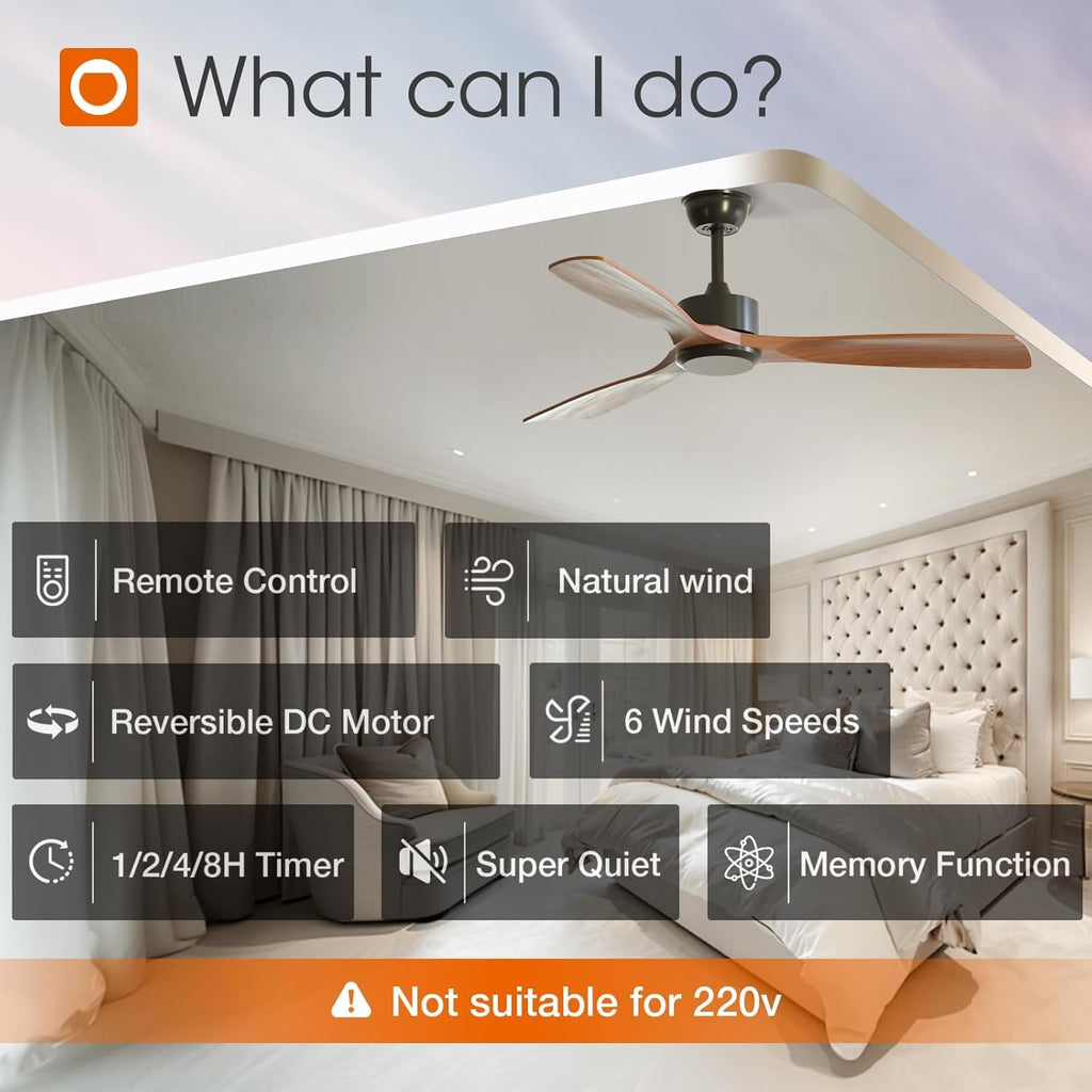 52 inch Ceiling Fans No Lights and Remote Control, Reversible, 3 Wood Blades, 6 Speeds, Noiseless, Indoor/Outdoor Black Walnut Ceiling Fan for Bedroom Shop Patio Gazebo Farmhouse A103-B0DY7N6S9N