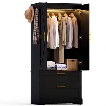 70.9" Armoire Wardrobe Closet with Sensor Light, 2 Drawers (Black)
